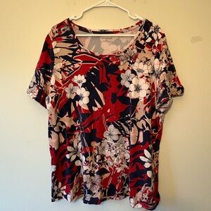 Catherine’s Women's Floral Red and Navy Short Sleeve Top, Size 0X